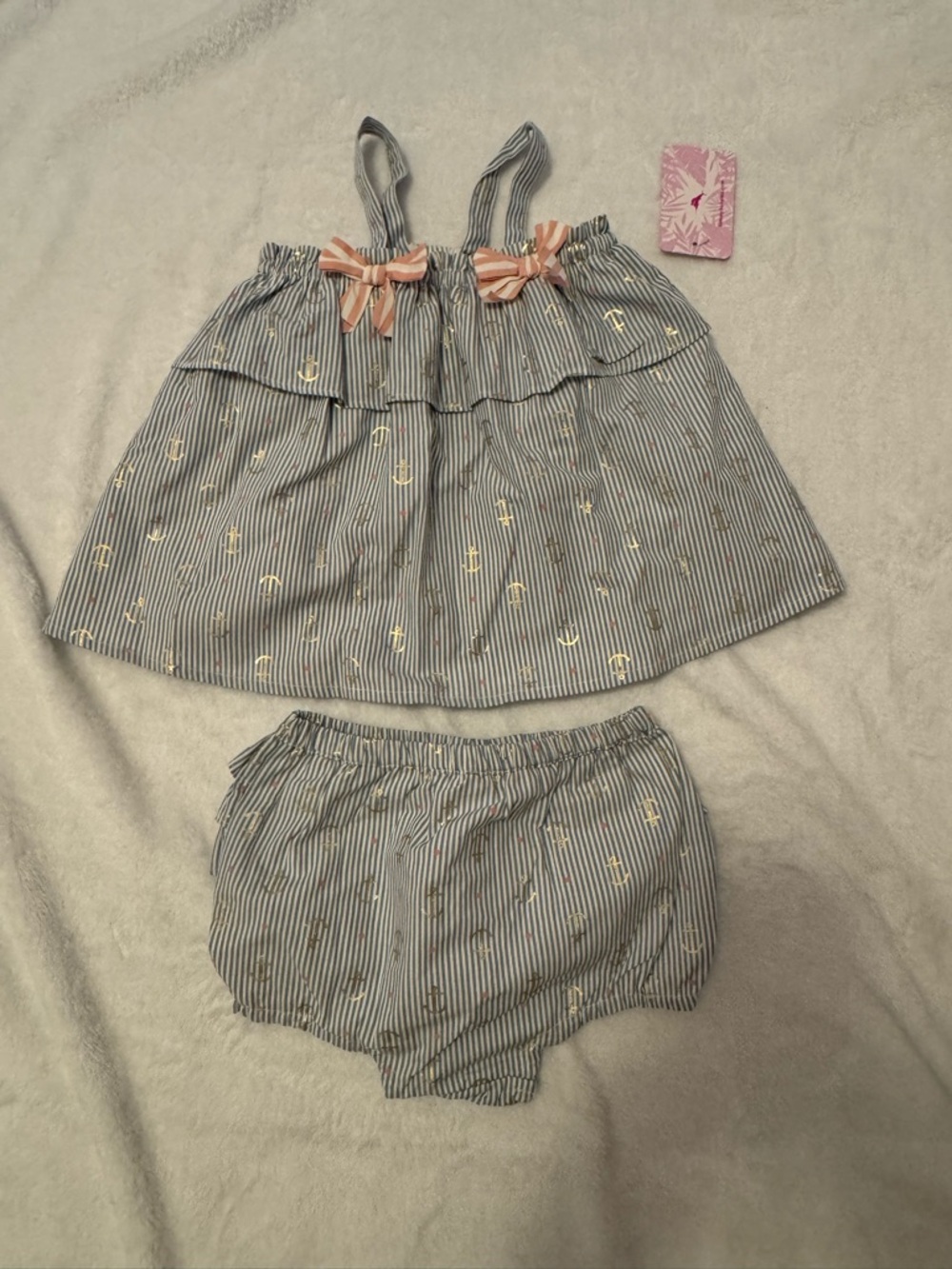 NWT Tommy Bahama Striped Nautical Baby Set with Gold Anchors and Pink Bows